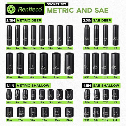 56-Piece 3/8" Drive Socket Set, SAE (5/16"-3/4") & Metric (8mm-22mm), Deep & Shallow, Ratchet Handle, Extension Bars, Adapter, Universal Joint, Power Drill Adapters, Spark Plug Sockets, CR-V in Saudi Arabia