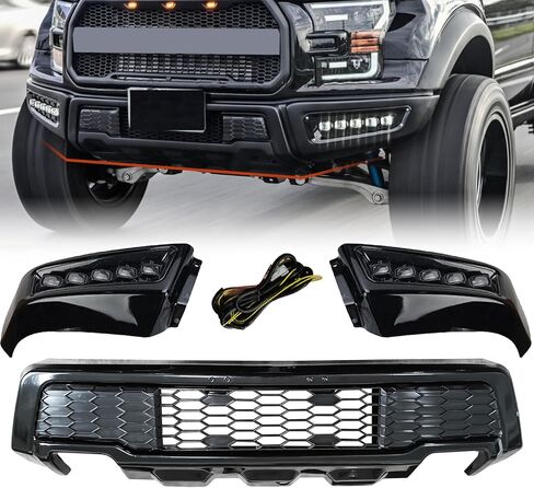 مجموعة المصد الأمامي مع مصابيح DRL LED لموديلات بيك اب Ford F150 2018 2019 2020 F-150 (باستثناء Raptor)، استبدال مصد الشاحنة على طراز Raptor من الفولاذ الأسود in Kuwait