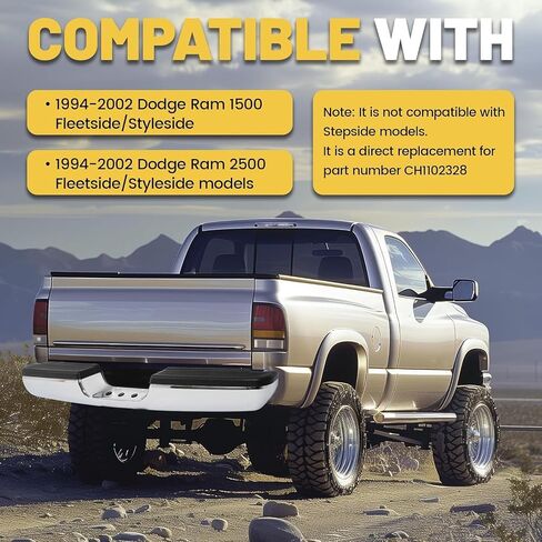 المصد الخلفي ECOTRIC متوافق مع 1994-2002 Dodge Ram 1500 2500 Fleetside/Styleside CH1102328 W/Step Pads Steel + Plastic Powder المغلفة + الكروم عالي التحمل in Saudi Arabia