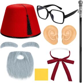 8 قطع من إكسسوارات زي الهالوين القديم العم، قبعة فاس حمراء، عصا المشي، عصا دعامة آذان وهمية عملاقة، ملصقات حواجب رمادية ولحية، نظارات ربطة عنق حريرية للرجال، أزياء الهالوين التنكرية in Kuwait