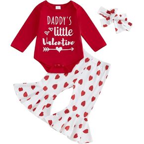 Newborn Baby Girl Valentines Day Outfit Daddy's Valentine Long Sleeve Romper Heart Bow Flare Pants Headband 3Pcs Set in Kuwait
