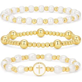 GolbalJew Gold Beaded Bracelets for Women Trendy Non Tarnish Stack Cross Pearl Bracelet Set 14K Gold Plated Catholic Rosary Bracelets Stackable Stretch Jewelry Gifts in Kuwait