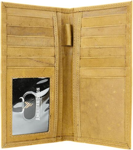 American Bison Men’s Rodeo Wallet – Embossed Bison Skull & American Flag Leather Bi-Fold with 12 Card Slots, ID Window, 4 Bill Compartments, Pen Holder – Wooden Gift Box (Brown) in Kuwait