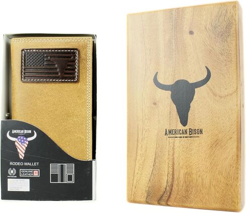 American Bison Men’s Rodeo Wallet – Embossed Bison Skull & American Flag Leather Bi-Fold with 12 Card Slots, ID Window, 4 Bill Compartments, Pen Holder – Wooden Gift Box (Brown) in Kuwait