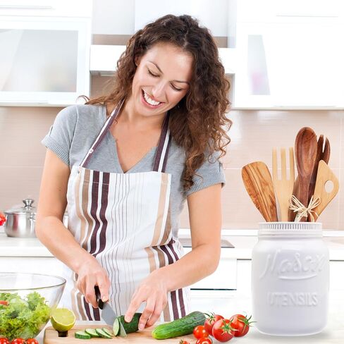 حامل أدوات المطبخ برطمان ميسون الأبيض لطاولة المطبخ - وعاء سيراميك ريفي للملاعق والملاعق وأدوات الطبخ - ديكور المزرعة لسطح الطاولة - حاوية ومنظم عتيق فريد in Kuwait