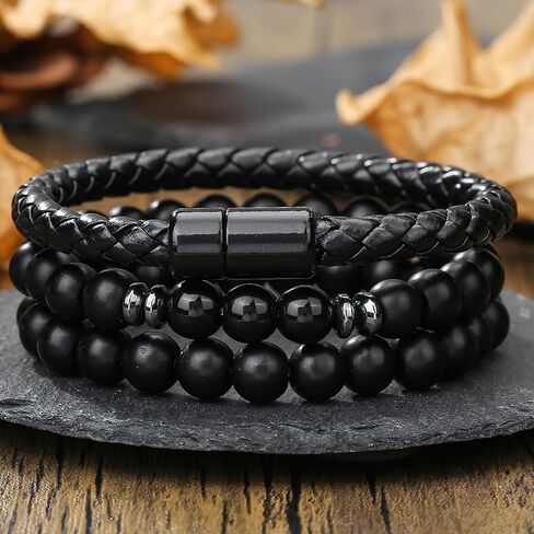 3PCS Summer Cold Bracelets for Women Men, Cold Stone Beaded Bracelets for Women, Layered Leather Bracelet for Men, Personalized Halloween, Christmas, Birthday Gifts, Summer Jewelry in Saudi Arabia