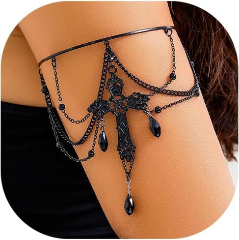 Gothic Arm Cuff Punk Cross Moon Cuff Bracelets Black Crystal Pendant Chain Multi-layer Open Arm Bracelet in Saudi Arabia