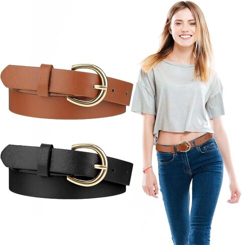 2pcs Girls Leather Belt for Kids,Girls Belts Size 10-12 Women,Jeans with Gold Square Buckle,Black Casual Leather Belt,Girl Brown Elastic Stap with Double O Ring Buckle for Jeans Pants Dresses in Saudi Arabia