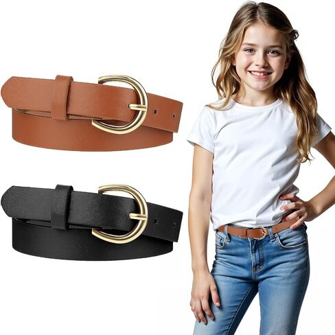 2pcs Girls Leather Belt for Kids,Girls Belts Size 10-12 Women,Jeans with Gold Square Buckle,Black Casual Leather Belt,Girl Brown Elastic Stap with Double O Ring Buckle for Jeans Pants Dresses in Saudi Arabia