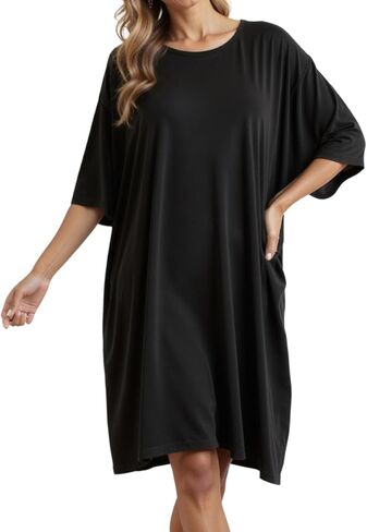 Narecte Nightgowns for Women with Pockets Plus Size Night Gowns Oversized Sleepwear Short Sleeves Sleep Shirts Fit S-5XL in Kuwait