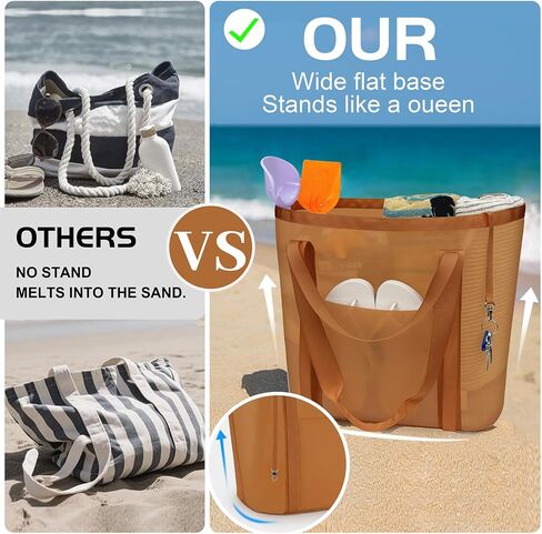 Mesh Beach Bag for Women - Sandproof Beach Tote, Large swim bag, Vacation Essentials for Family,Pool,Cruise,Gym (Camel) in Kuwait