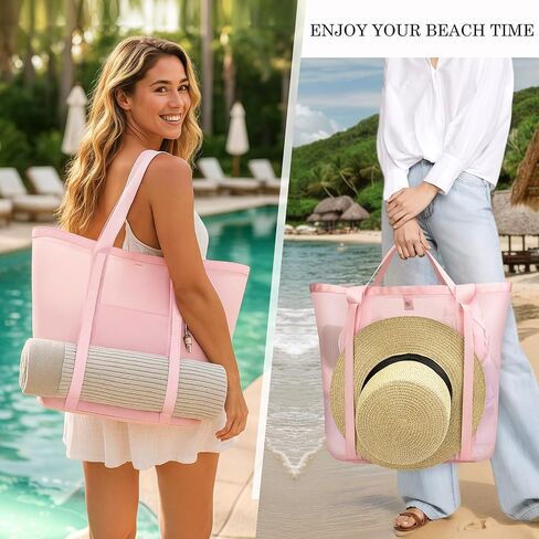 Mesh Beach Bag for Women - Sandproof Beach Tote, Large swim bag, Vacation Essentials for Family,Pool,Cruise,Gym (Camel) in Kuwait