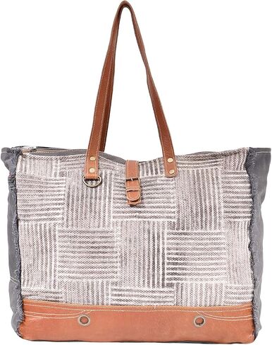 Myra Bag Puzzled Upcycled Canvas & Leather Weekender Bag S-1621 in Saudi Arabia
