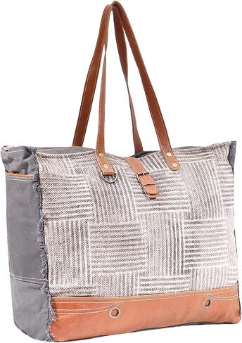 Myra Bag Puzzled Upcycled Canvas & Leather Weekender Bag S-1621 in Saudi Arabia