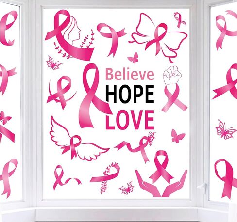 9 Sheets Breast Cancer Awareness Window Clings Believe Hope Love Window Stickers Double-Sided Pink Ribbon Glass Decals for Home Party Decoration in Saudi Arabia
