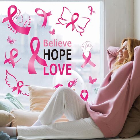 9 Sheets Breast Cancer Awareness Window Clings Believe Hope Love Window Stickers Double-Sided Pink Ribbon Glass Decals for Home Party Decoration in Saudi Arabia