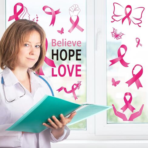 9 Sheets Breast Cancer Awareness Window Clings Believe Hope Love Window Stickers Double-Sided Pink Ribbon Glass Decals for Home Party Decoration in Saudi Arabia