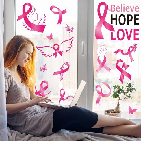 9 Sheets Breast Cancer Awareness Window Clings Believe Hope Love Window Stickers Double-Sided Pink Ribbon Glass Decals for Home Party Decoration in Saudi Arabia