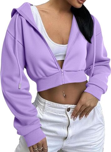 Remidoo Women's Zip Up Cropped Hoodie Crop Top Sweatshirt Drawstring Long Sleeve Jacket in Kuwait