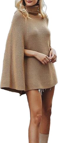 Women's Knit Turtleneck Poncho Sweater Chunky Ribbed Cape Casual Oversized Pullover Jumper Tops in Saudi Arabia