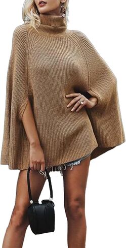 Women's Knit Turtleneck Poncho Sweater Chunky Ribbed Cape Casual Oversized Pullover Jumper Tops in Saudi Arabia