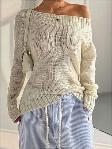 SOLY HUX Women's Off The Shoulder Sweater Boat Neck Knit Top Pullover Fall Clothes in Saudi Arabia