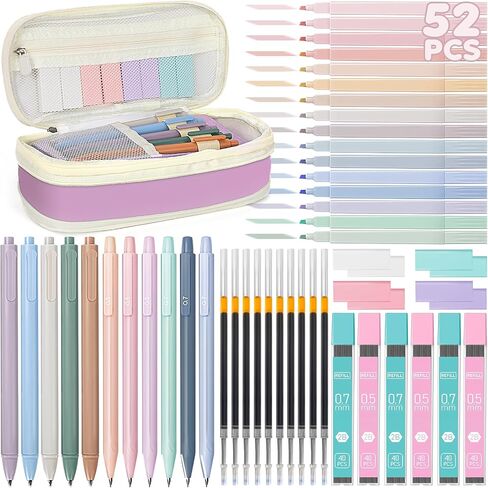 52 PCS Aesthetic School Supplies with Cute Pencil Case, Stationery Essentials with Pens Pencils and Pastel Highlighters Set, College Back to School Supplies for Teen Girls, Office Supplies in Saudi Arabia