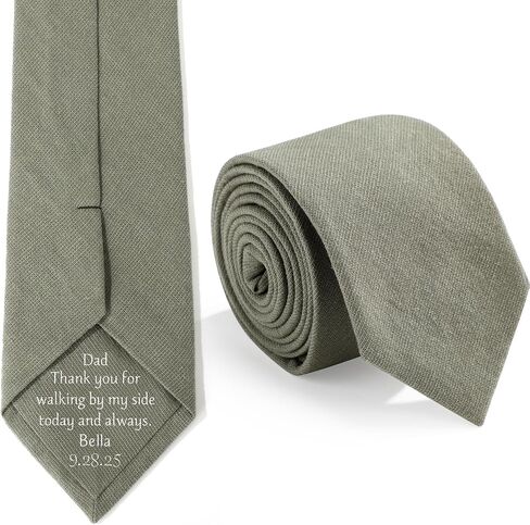 Sage Green Men's Tie and 5 White Transfer Stickers, Father's Wedding Gift, Cotton and Linen Tie, Custom Necktie Suitable for Father Everyday Wear, Wedding in Saudi Arabia