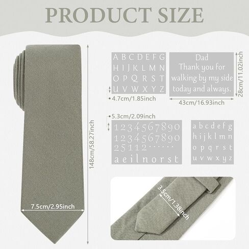Sage Green Men's Tie and 5 White Transfer Stickers, Father's Wedding Gift, Cotton and Linen Tie, Custom Necktie Suitable for Father Everyday Wear, Wedding in Saudi Arabia