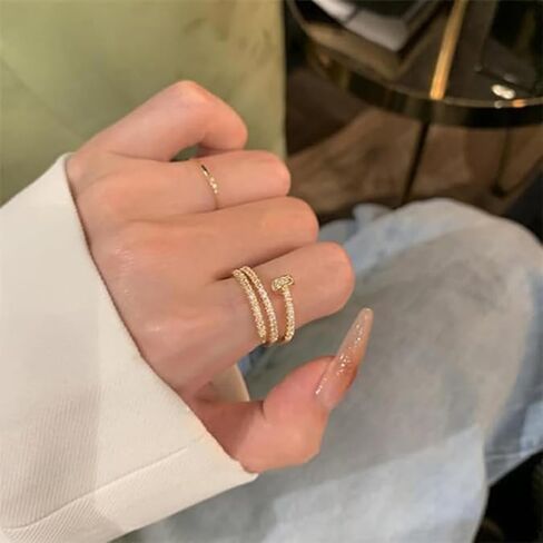 Double Inlaid Zirconia Gold Stainless Steel Nail Ring,Creative Spiral Multi-layer Nail Rings,Versatile Index Finger Ring (1PCS-Gold) in Saudi Arabia