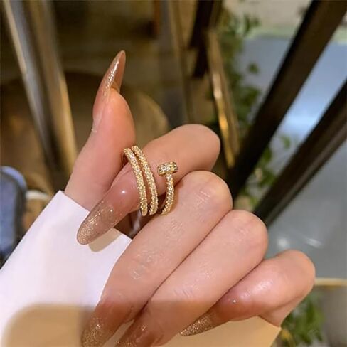 Double Inlaid Zirconia Gold Stainless Steel Nail Ring,Creative Spiral Multi-layer Nail Rings,Versatile Index Finger Ring (1PCS-Gold) in Saudi Arabia