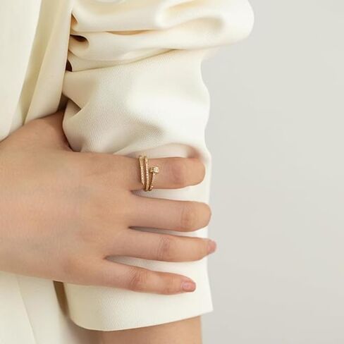 Double Inlaid Zirconia Gold Stainless Steel Nail Ring,Creative Spiral Multi-layer Nail Rings,Versatile Index Finger Ring (1PCS-Gold) in Saudi Arabia
