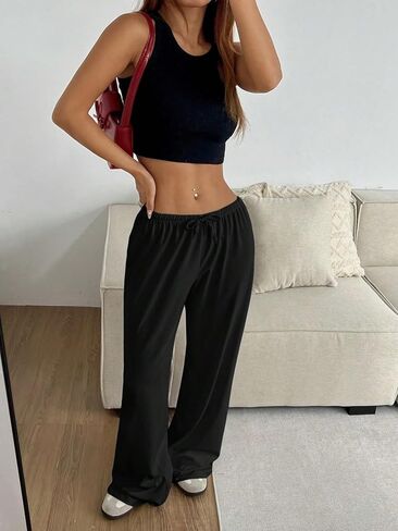 سراويل رياضية نسائية واسعة الساق من QJQ، سراويل مستقيمة للخصر برباط، سراويل كاجوال للتمارين الرياضية in Saudi Arabia
