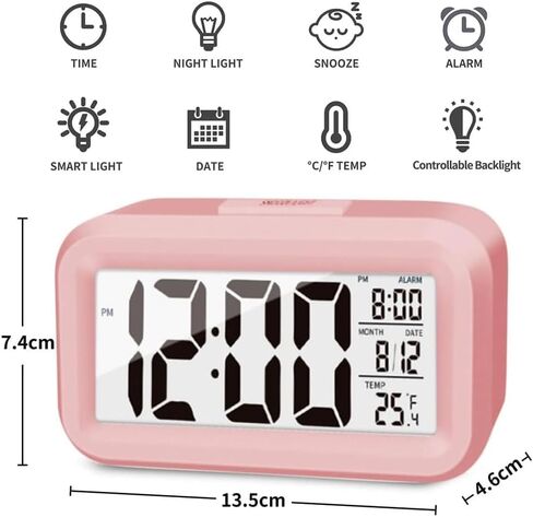 Night Light Digital Alarm Clock with Indoor Temperature Snooze Model 12/24H Display for Bedrooms Heavy Sleepers Kids Travel Bathroom Desk Smart Clock (Pink) in Saudi Arabia