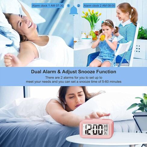 Night Light Digital Alarm Clock with Indoor Temperature Snooze Model 12/24H Display for Bedrooms Heavy Sleepers Kids Travel Bathroom Desk Smart Clock (Pink) in Saudi Arabia