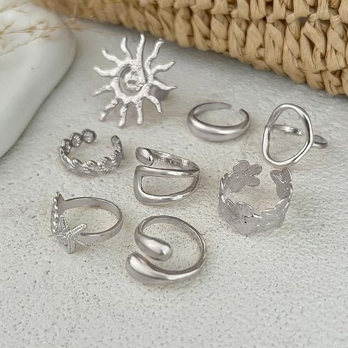 Chunky Gold Rings Set for Women Stackable Sun Shell Starfish Flower Ring Set Bohemian Spiral Sun Statement Ring Adjustable Chunky Teardrop Knuckle Rings Boho Style Jewelry in Saudi Arabia