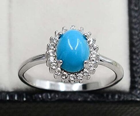 December Birthstone 925 Sterling Silver Natural Sleeping Beauty Blue Turquoise Cabochon Gemstone 8X6 MM Oval Shape Solitaire Unisex Proposal Ring For Girlfriend Gift in Saudi Arabia