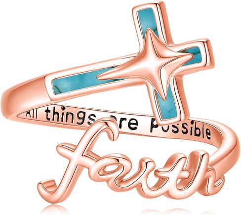 Dorunmo Cross Faith Ring 925 الفضة الاسترليني قابل للتعديل الفيروز الإيمان على الخوف الصليب خواتم مجوهرات دينية مسيحية هدايا للنساء صديق in Saudi Arabia