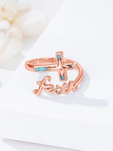 Dorunmo Cross Faith Ring 925 الفضة الاسترليني قابل للتعديل الفيروز الإيمان على الخوف الصليب خواتم مجوهرات دينية مسيحية هدايا للنساء صديق in Saudi Arabia