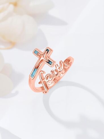 Dorunmo Cross Faith Ring 925 الفضة الاسترليني قابل للتعديل الفيروز الإيمان على الخوف الصليب خواتم مجوهرات دينية مسيحية هدايا للنساء صديق in Saudi Arabia