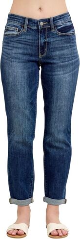 Judy Blue Classic Mid Rise Cuffed Boyfriend Jeans – Rollable Cuff, Relaxed Fit, Medium Wash, Core Collection Stretch Denim in Saudi Arabia