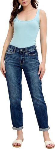 Judy Blue Classic Mid Rise Cuffed Boyfriend Jeans – Rollable Cuff, Relaxed Fit, Medium Wash, Core Collection Stretch Denim in Saudi Arabia