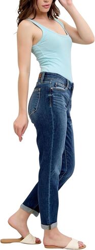 Judy Blue Classic Mid Rise Cuffed Boyfriend Jeans – Rollable Cuff, Relaxed Fit, Medium Wash, Core Collection Stretch Denim in Saudi Arabia