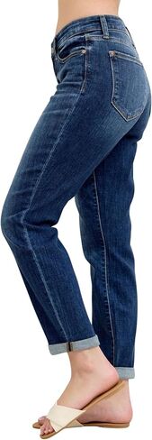 Judy Blue Classic Mid Rise Cuffed Boyfriend Jeans – Rollable Cuff, Relaxed Fit, Medium Wash, Core Collection Stretch Denim in Saudi Arabia