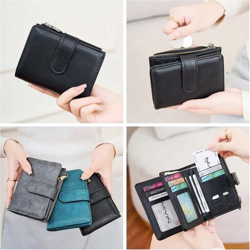 محفظة صغيرة من الجلد الطبيعي للنساء RFID تحجب Bifold مدمجة مع سحاب للعملة المعدنية (أسود) in Kuwait