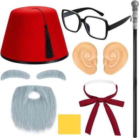 8 قطع من إكسسوارات زي الهالوين القديم العم، قبعة فاس حمراء، عصا المشي، عصا دعامة آذان وهمية عملاقة، ملصقات حواجب رمادية ولحية، نظارات ربطة عنق حريرية للرجال، أزياء الهالوين التنكرية in Kuwait