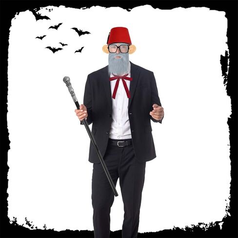 8 قطع من إكسسوارات زي الهالوين القديم العم، قبعة فاس حمراء، عصا المشي، عصا دعامة آذان وهمية عملاقة، ملصقات حواجب رمادية ولحية، نظارات ربطة عنق حريرية للرجال، أزياء الهالوين التنكرية in Kuwait