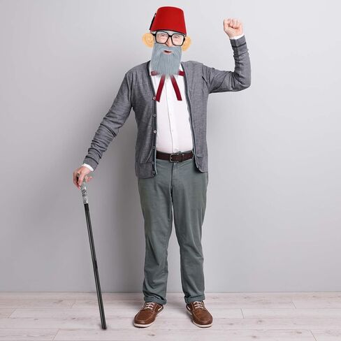 8 قطع من إكسسوارات زي الهالوين القديم العم، قبعة فاس حمراء، عصا المشي، عصا دعامة آذان وهمية عملاقة، ملصقات حواجب رمادية ولحية، نظارات ربطة عنق حريرية للرجال، أزياء الهالوين التنكرية in Kuwait