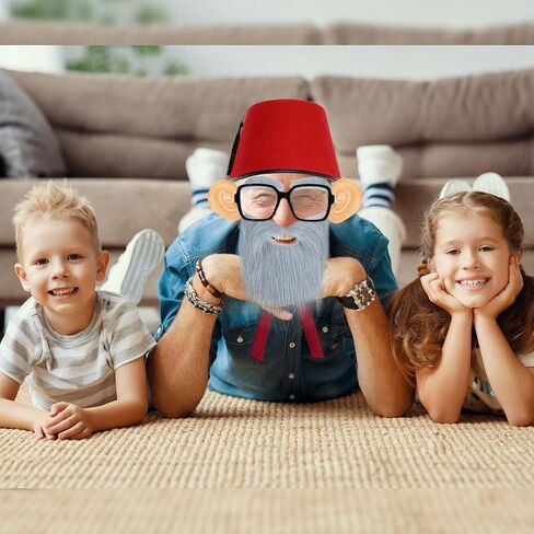 8 قطع من إكسسوارات زي الهالوين القديم العم، قبعة فاس حمراء، عصا المشي، عصا دعامة آذان وهمية عملاقة، ملصقات حواجب رمادية ولحية، نظارات ربطة عنق حريرية للرجال، أزياء الهالوين التنكرية in Kuwait