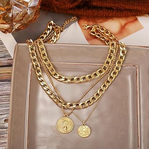 Gold Chunky Necklaces for Women Multi Layered Punk Gold Statement Necklaces Hip Hop Portrait Cuban Link Chain Necklace 90s Outfit Accessories in Saudi Arabia